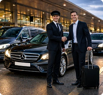Professional chauffeur with luxury car for airport taxi service in UK