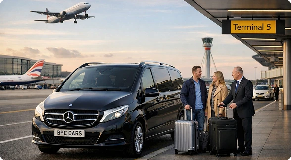 London airport taxi service with passengers at terminal
