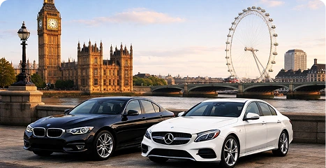 Airport transfer taxi with plane at London airport
