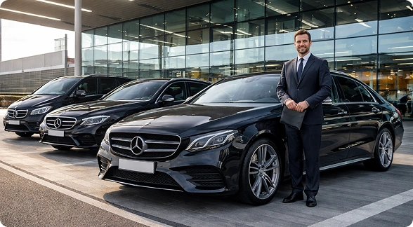 London airport taxi service with professional driver and passengers