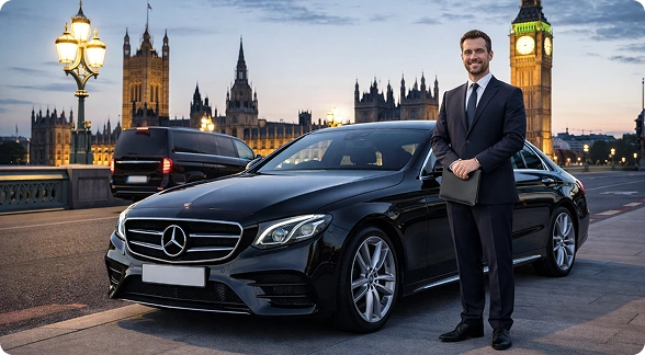 Airport taxi pickup service with driver assisting passenger