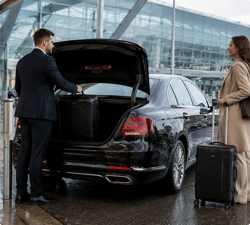 Professional chauffeur loading luggage into black luxury car at airport