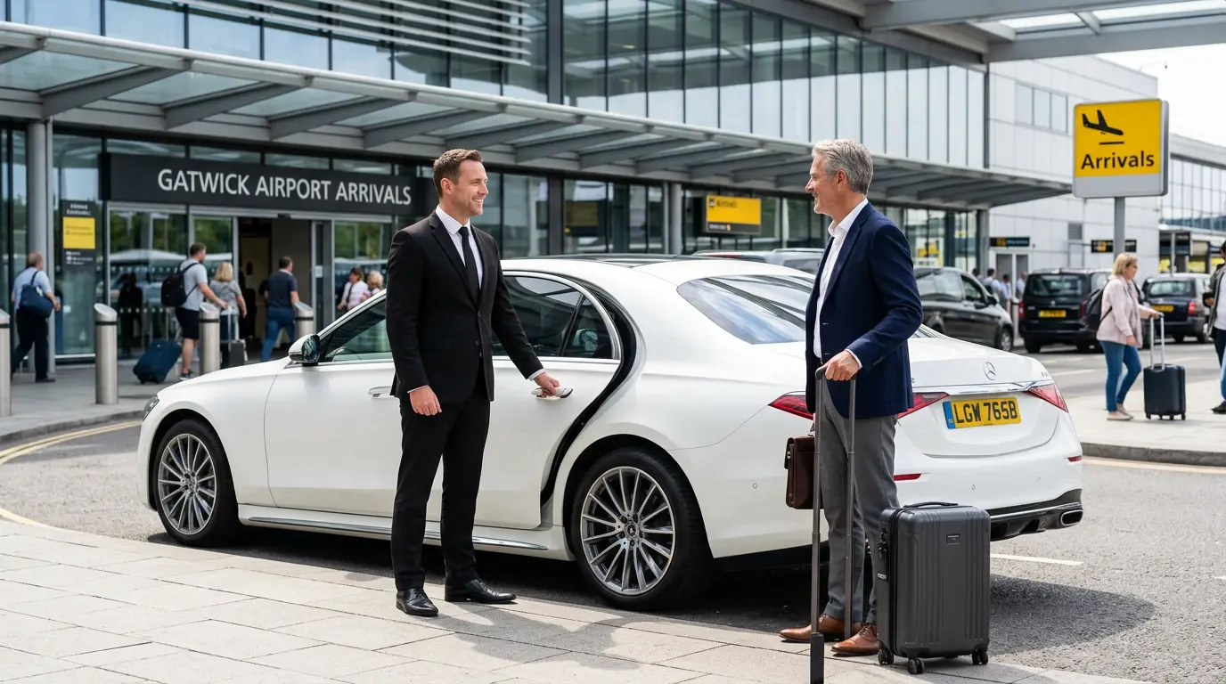 Gatwick arrival hall pickup with driver and passenger