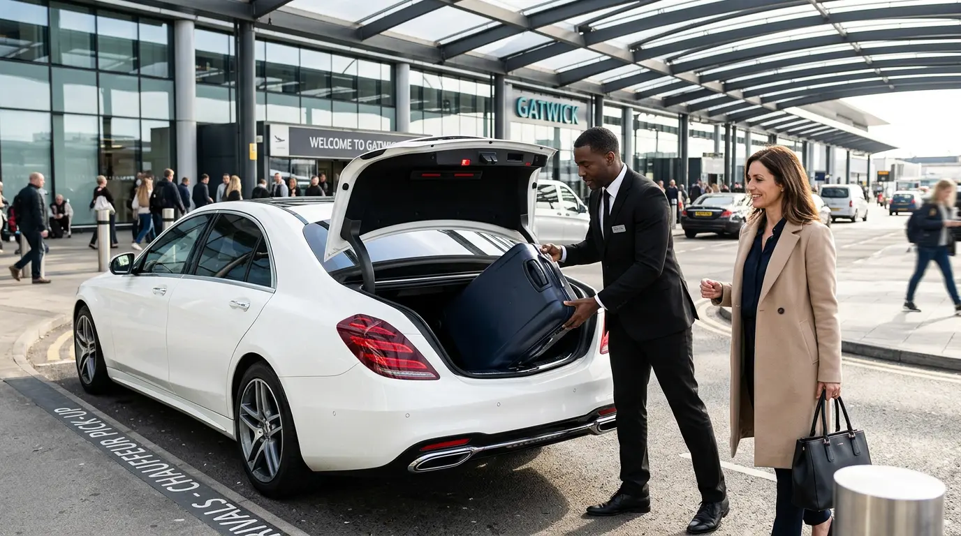 Airport taxi luggage loading at Gatwick for Heathrow transfer