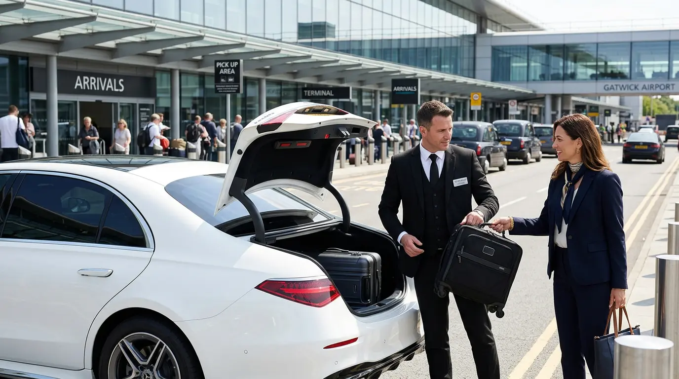 Chauffeur loading luggage for Edgware to Gatwick taxi