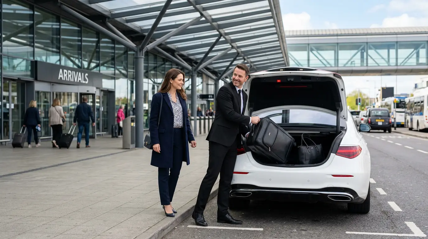 Chauffeur assisting luggage for Gatwick to Chigwell taxi