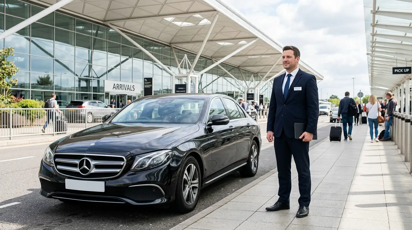 Passenger meeting professional taxi driver for Stansted Airport to London transfer