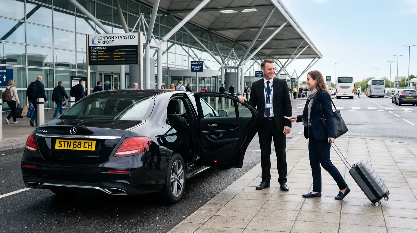 Professional driver welcoming passenger for Kings Cross to Stansted transfer