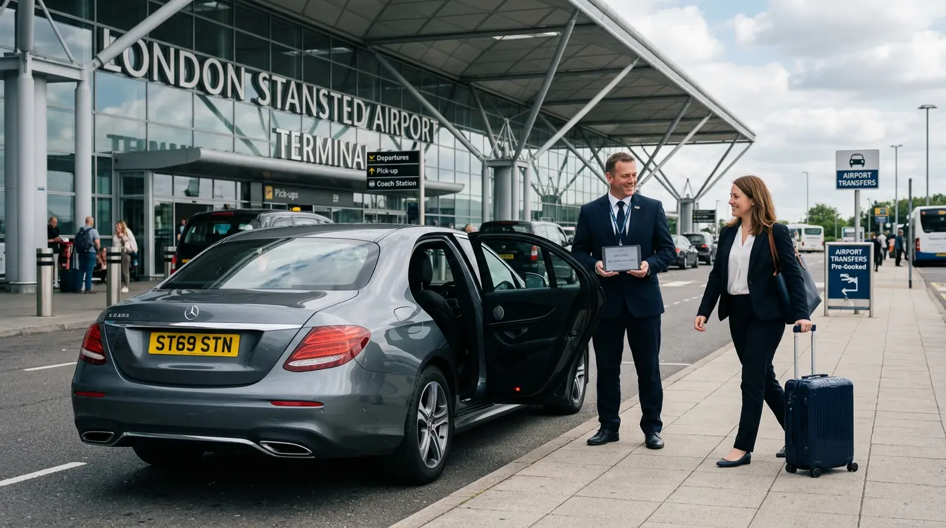 Stansted Airport Taxi Guide by BPC Cars: driver and passenger heading to taxi