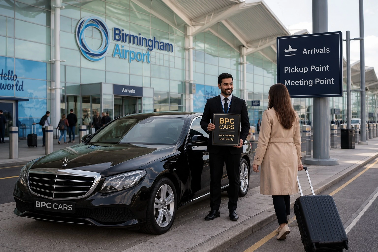 Passenger meeting BPC Cars chauffeur at Birmingham Airport BHX pickup zone