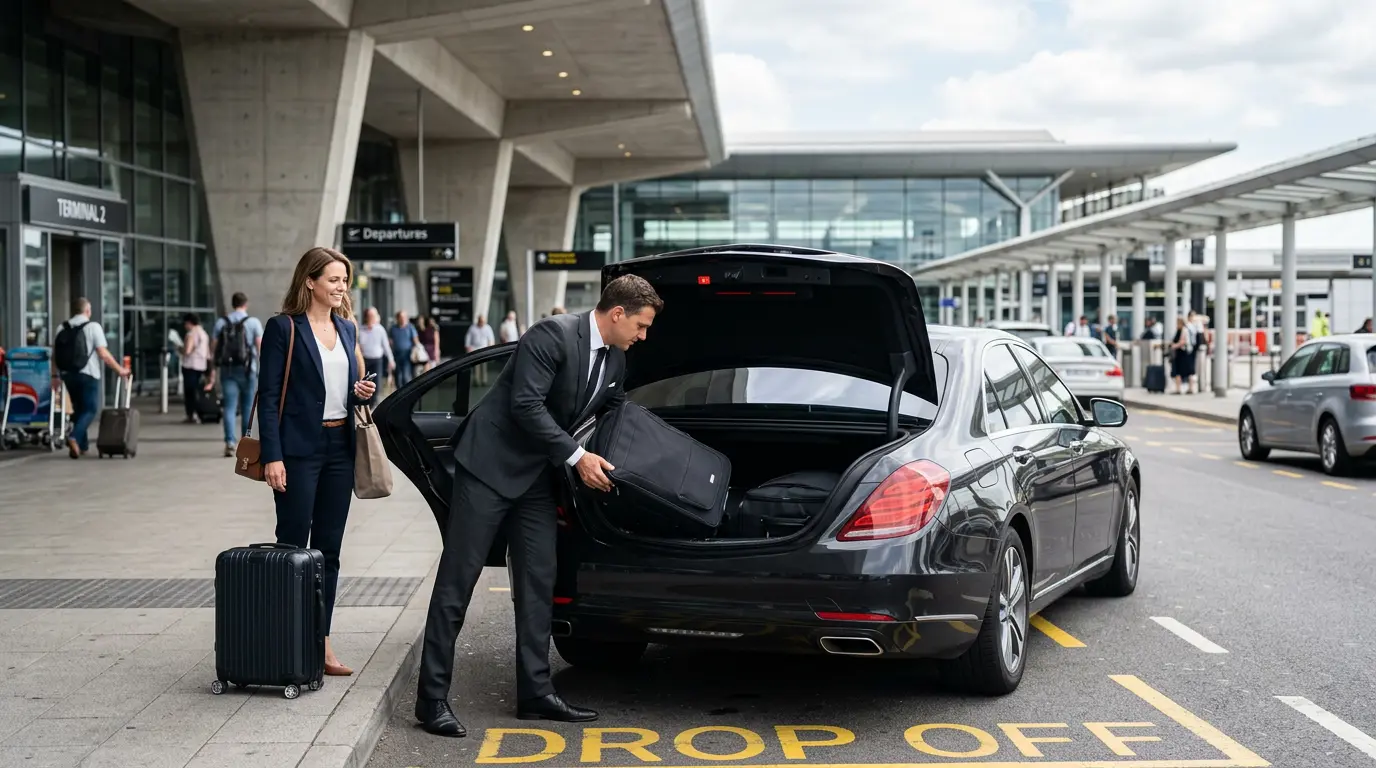 Stansted Airport taxi with driver and passenger at arrivals