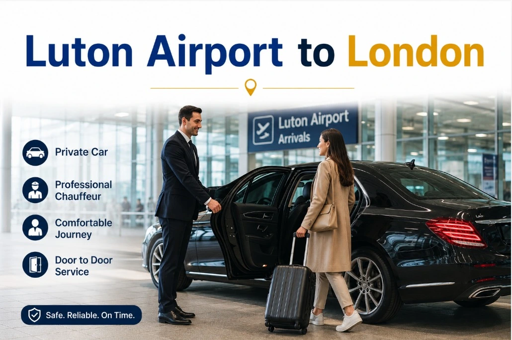 Private chauffeur service at Luton Airport arrivals with a luxury car and passenger