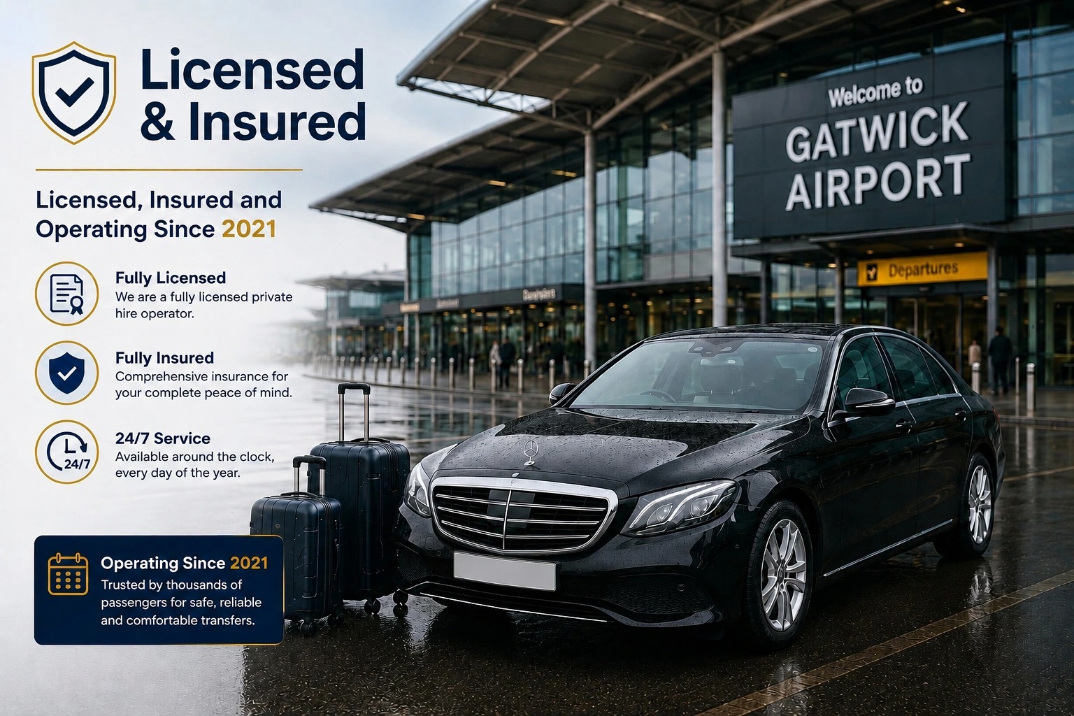 Licensed and insured airport transfer car at Gatwick Airport